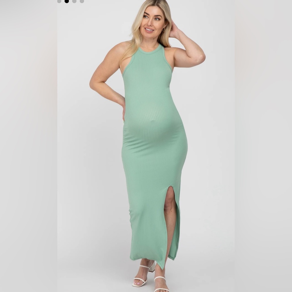 Mint Green Ribbed Sleeveless Side Slit Maternity Dress